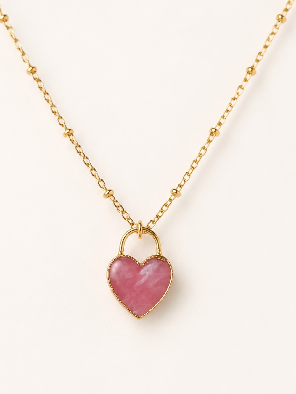 18K Gold Plated Pink Rhodochrosite Heart Love Lock Pendant Necklace